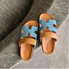 Women's Denim Leather Mix Slide Sandals, Summer Thick Sole Casual Flip Flops, Big Size