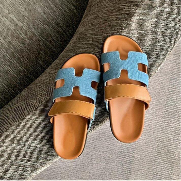 Women's Denim Leather Mix Slide Sandals, Summer Thick Sole Casual Flip Flops, Big Size