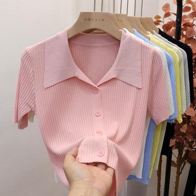 Women Summer Ice Silk Polo Collar Top Knitted Sweater T-shirt Top Unique Short-Sleeve Single-breasted Solid Color
