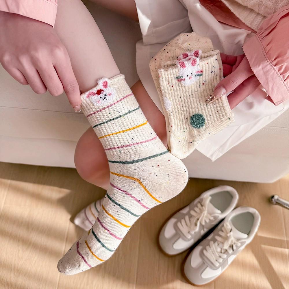 Little Rabbit Cartoon Mid-Calf Socks for Women - Pure Cotton, Cute Slub Yarn Design, Perfect for Autumn and Winter