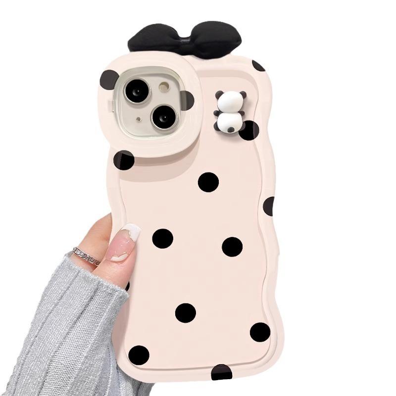 The Three-dimensional Panda Bow Is Suitable for IPhone 15, Phone Case 14PRO, Dual Stand 13, Cute and Shockproof 12, Wavy Edge X