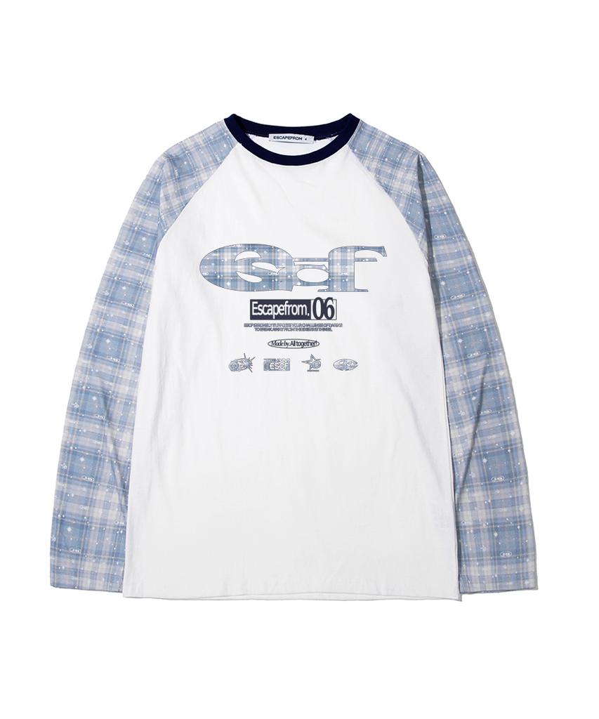 ESCAPEFROM Escf Logo Collage And Logoplay Check Full Print Long Sleeve Blue