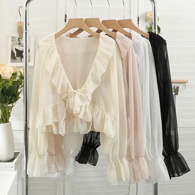 Chiffon Cardigan V-tie Lace-Up Lightweight Shirt Solid Color Ruffle Trim Summer Thin Sun Protection Shirt Daily Wear
