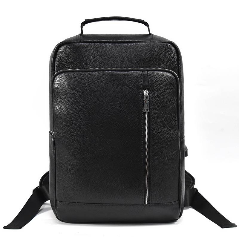 Simple Men'S Leather Backpack Men'S Cowhide 14-Inch Schoolbag Going Out For Travel Commuter Black Backpack