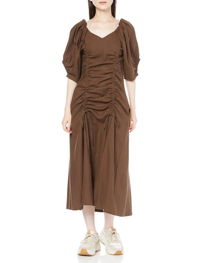 Emi Gathered Linen Blend BRW 0 Women's Dress, 13WFO222035,