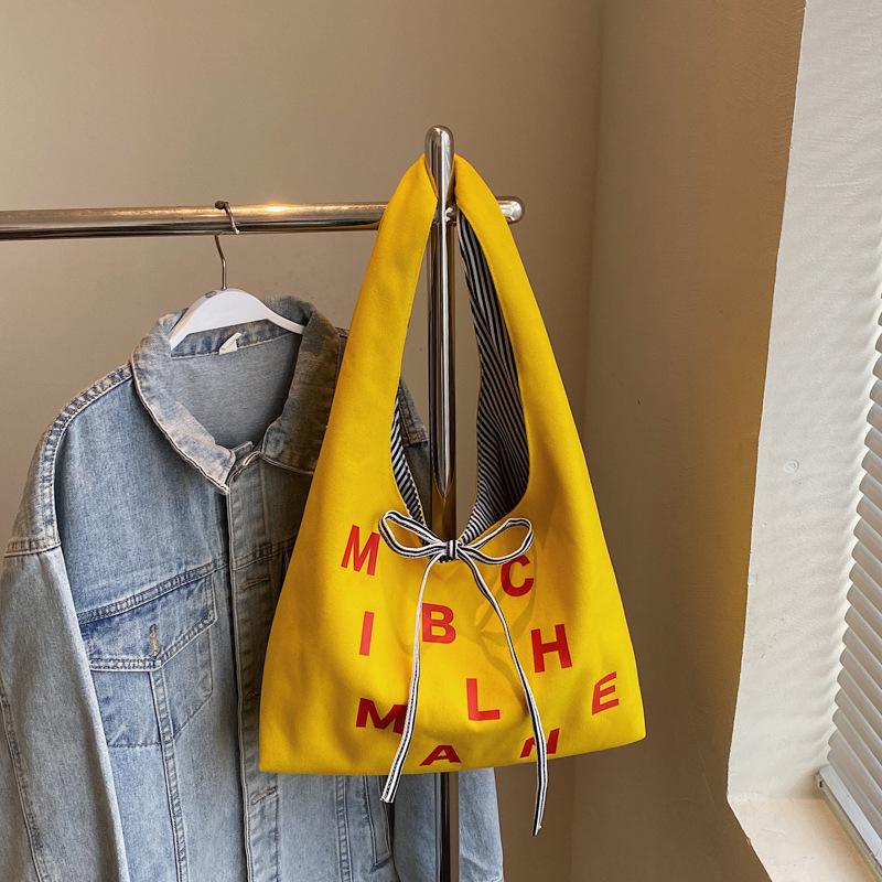 

Двусторонняя холщовая сумка большой вместимости женская 2025 новый цвет надпись бант сумка через плечо модный студенческий школьный рюкзак жёлтый