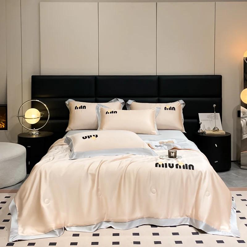 Soft Cool Summer Blanket Washed Silk Summer Quilt Embroidery Smooth Ice Cooling Comforter For Bed 100% Silky Solid Blanket