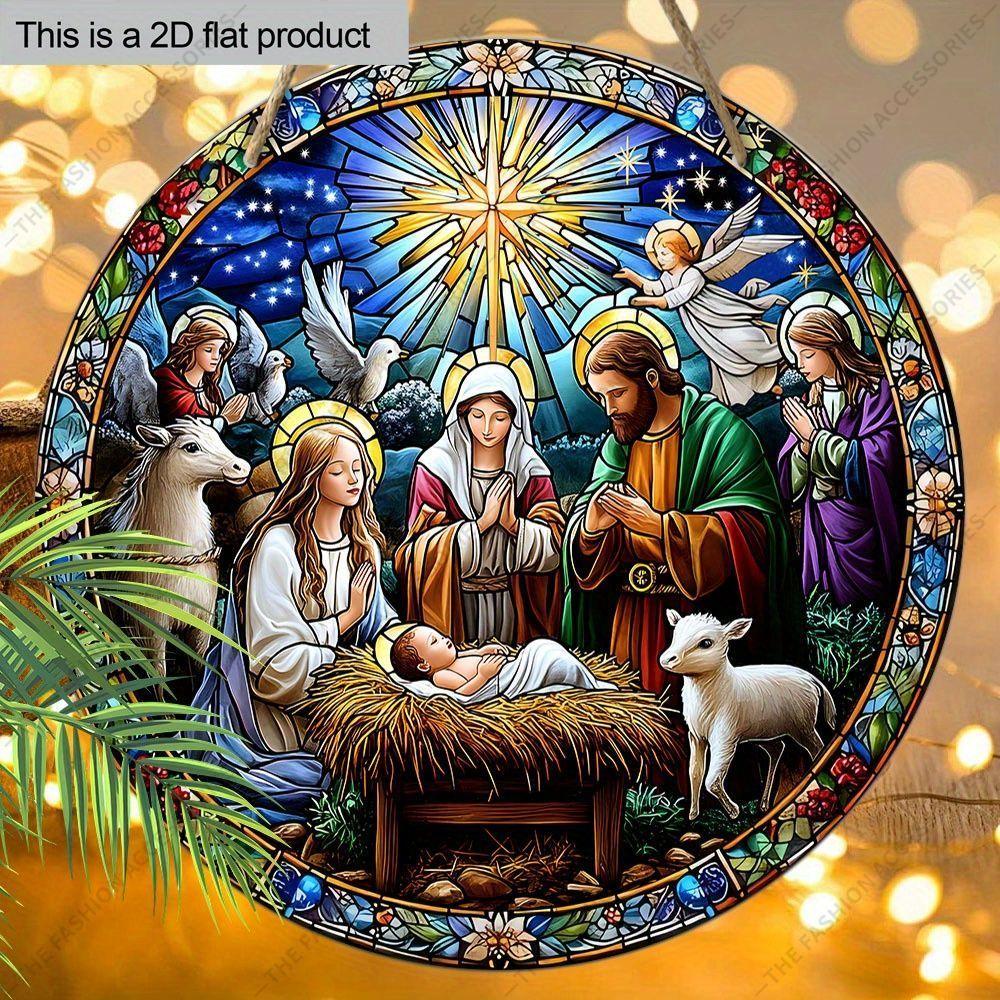Pingente de cena da Natividade da noite sagrada, decoração de paredes ou portas de casa, madeira plana 2D, decoração de Natal, presentes para amigos e família