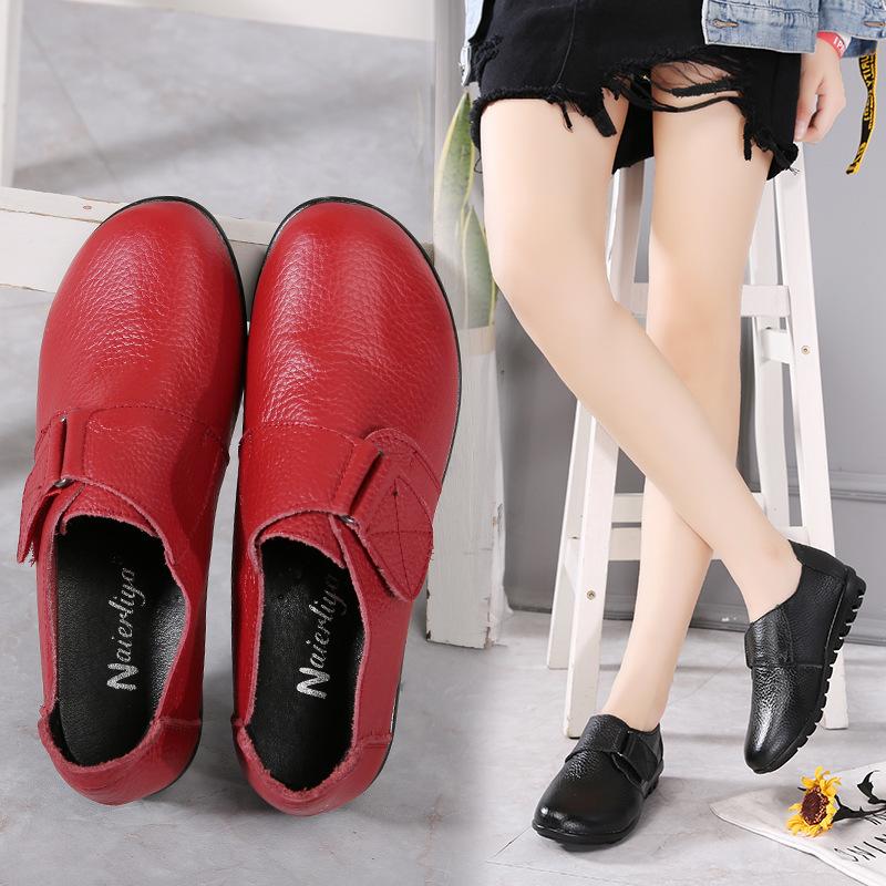 Leather Large Size Leather Shoes Women's Shoes Spring and Autumn Mother Shoes Single Shoes Middle-aged and Elderly Non-slip Flat Leather Shoes W