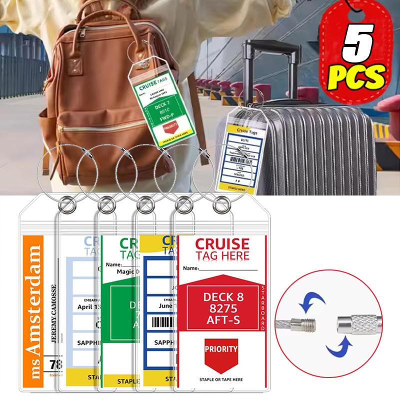 5PCS Luggage Tag Holder Waterproof Zipper Clear PVC Plastic ID Card Holders with Stainless Steel Loops Travel Accessories for Suitcase Baggage
