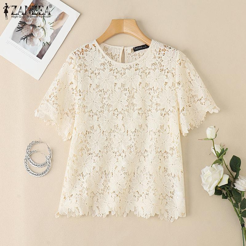

ZANZEA Women Casual Round Neck Hollow Out Lace Short Sleeve Blouse 5XL синій