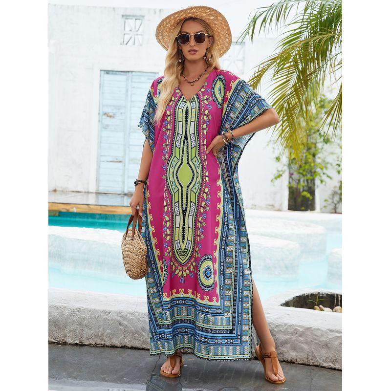 Bohemia Summer Fashion V Neck Positioning Print Loose Djellaba Beach Vacation Bikini Sun Protective Blouse