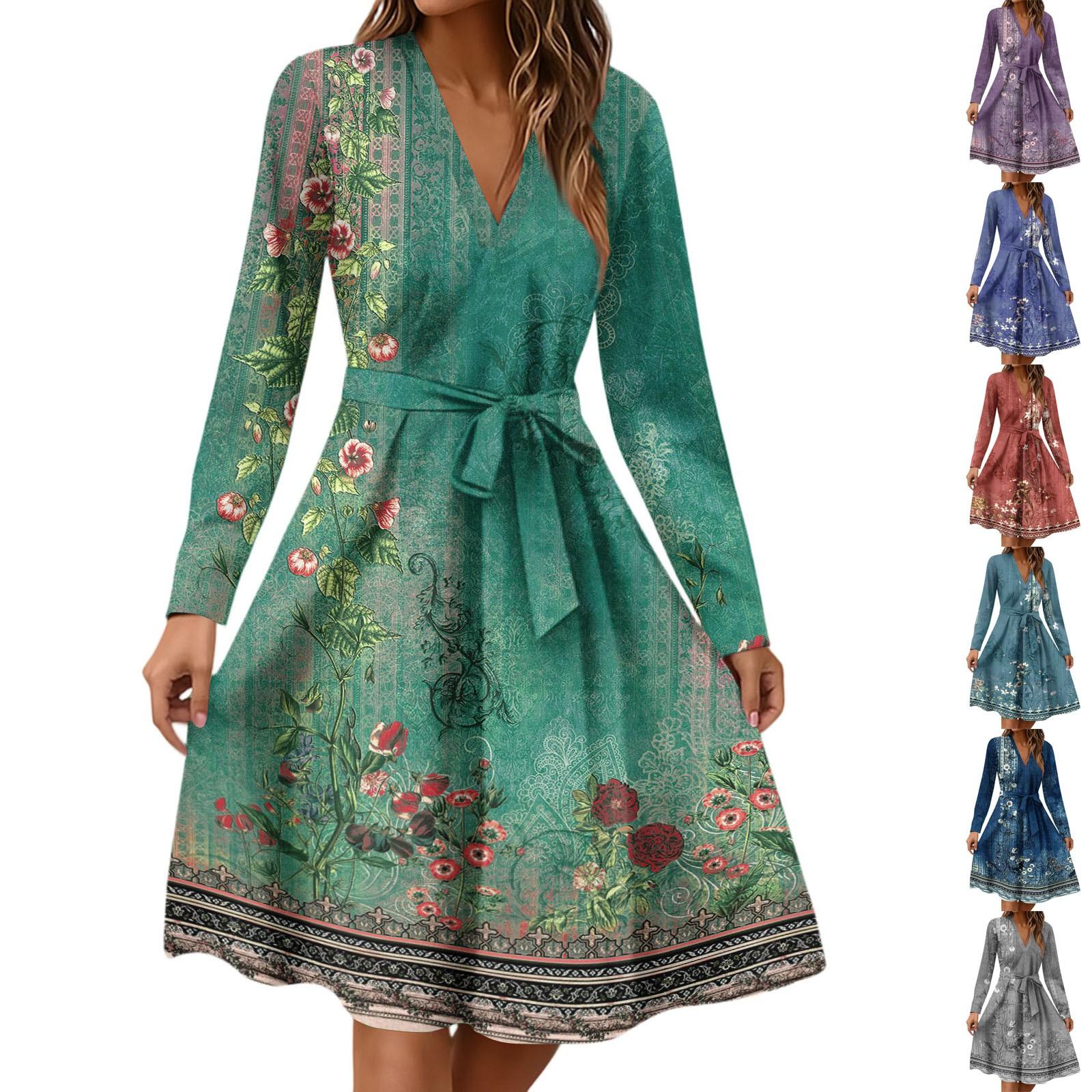 

Women s Fashion Casual V-Neck Long Sleeve Waist Floral Print Midi Dress L червоний