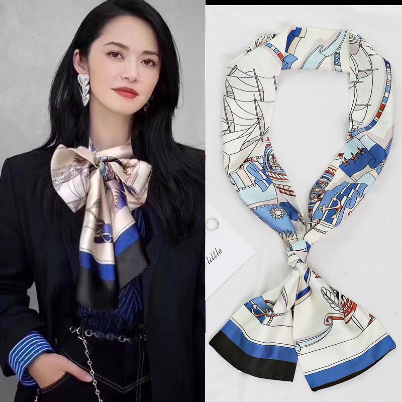 Thin and narrow long silk scarf Double-layer double-sided scarf Simulation silk female Korean version fashionable versatile decorative scarf literary