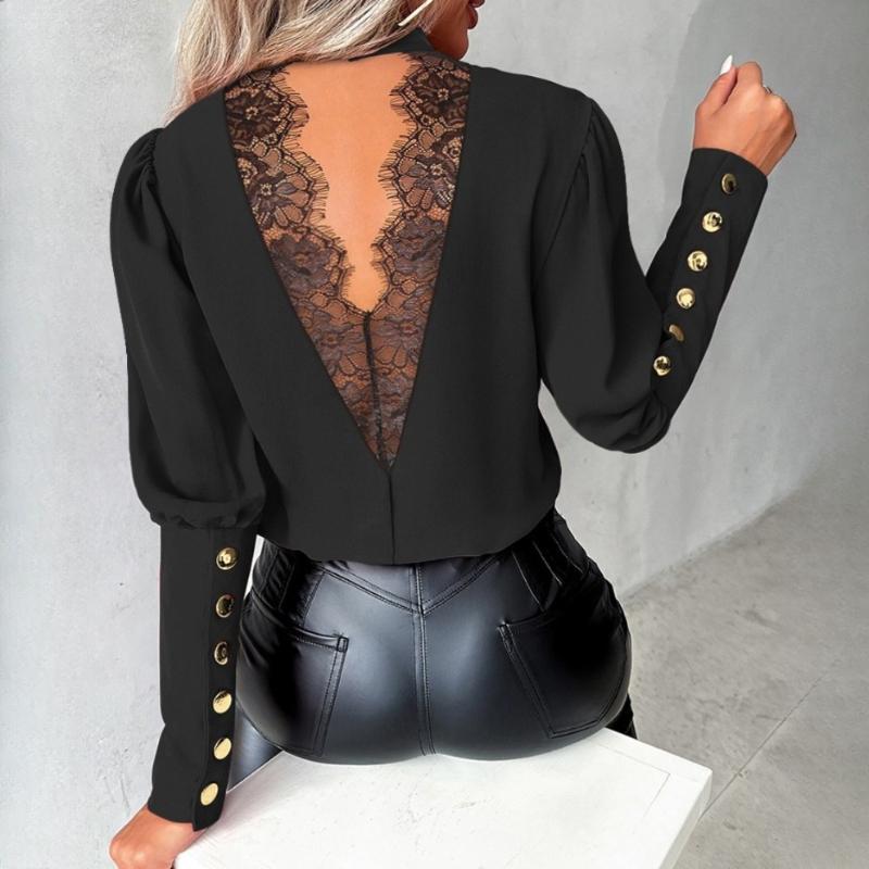 Women's Autumn and Winter Long Sleeve Solid Lace O-Neck Button Down Shirt Blouse
