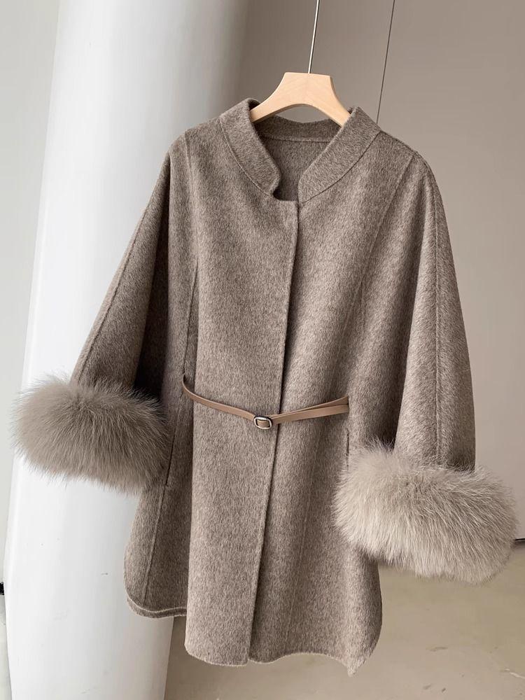 Cape Korean Shawl Wool Coat with Detachable Fur Collar - Women's Small, 2024 Autumn/Winter Fashion