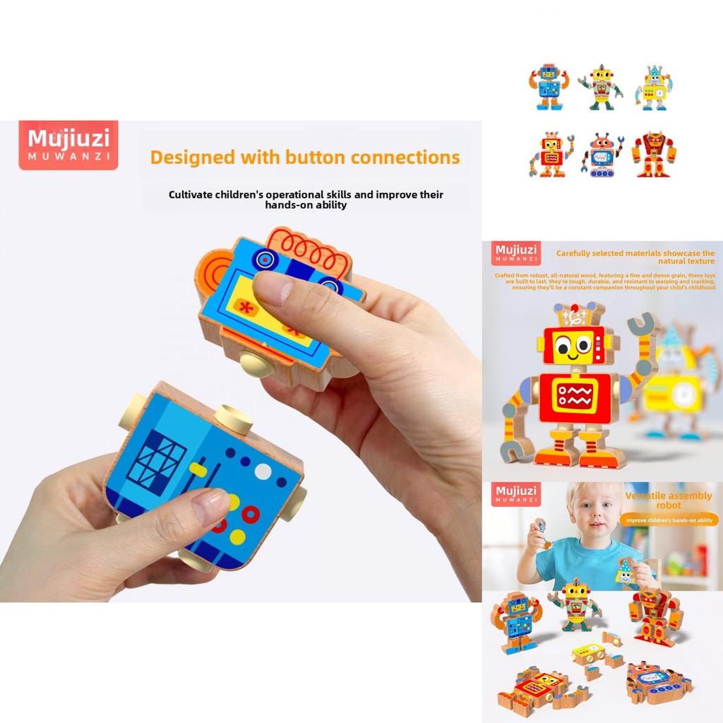 Juego de Bloques de Construcción de Ensamblaje de Robot de Dibujos Animados de Madera de 6 Piezas Juguete Rompecabezas Infantil Para el Desarrollo Cerebral