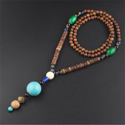 Boho Handmade Party Ethnic Jewelry Mala Wood Bead Horn Fish Pendant Buddhist Nepal Necklace