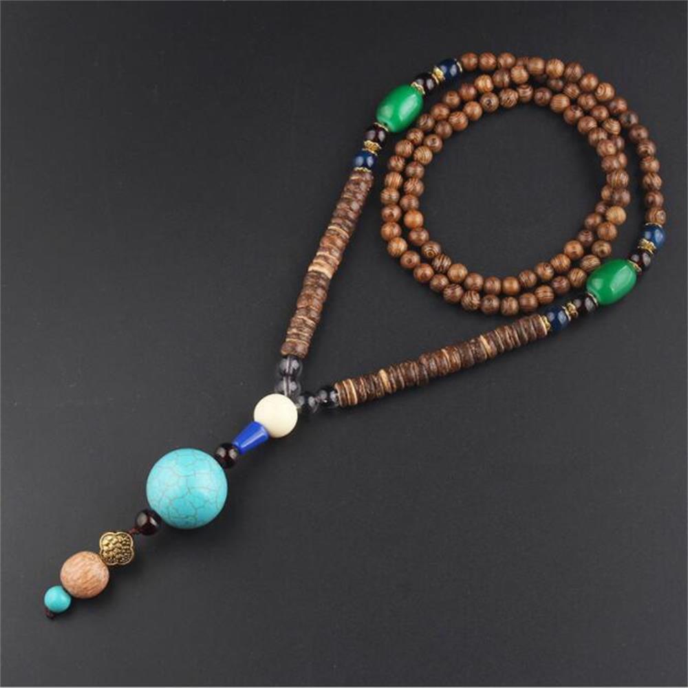 Boho Lucky Gift Party Handmade Mala Wood Bead Nepal Necklace Buddhist Horn Fish Pendant