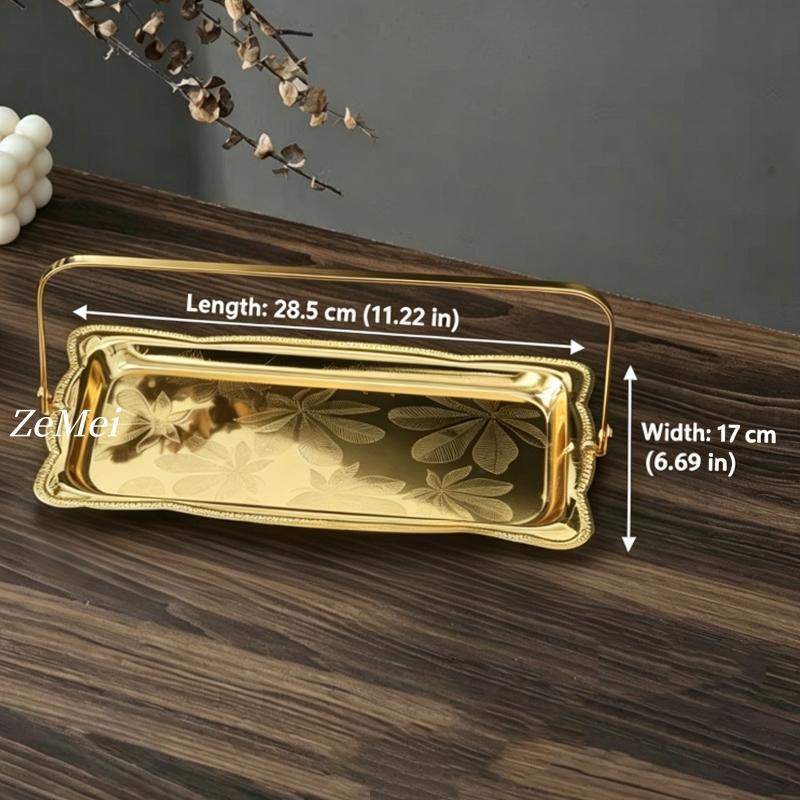 European-Style Rectangle Fruit Plate,Portable Carved Flower Texture Metal Cake Tray,28 cm Dessert Storage Snack Plate Decoration