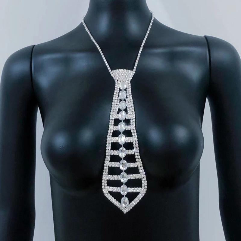 Elegant Tie Necklace with Sparkling Rhinestones for Formal Occasion Uniform Tie Punk Jeweled Chain Tie