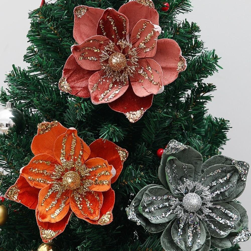 Sequin Artificial Poinsettia Glitter Flower 21cm 3D Simulation Magnolia  Wedding Party Decoration