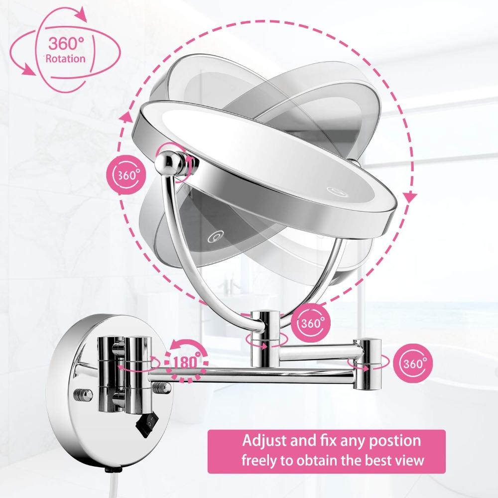 Wall-mounted Lighted Makeup Mirror, 8-inch Double-sided 1x and 5x Magnification, for Bathroom Use, 11-inch Extendable Arm, 360° Rotation