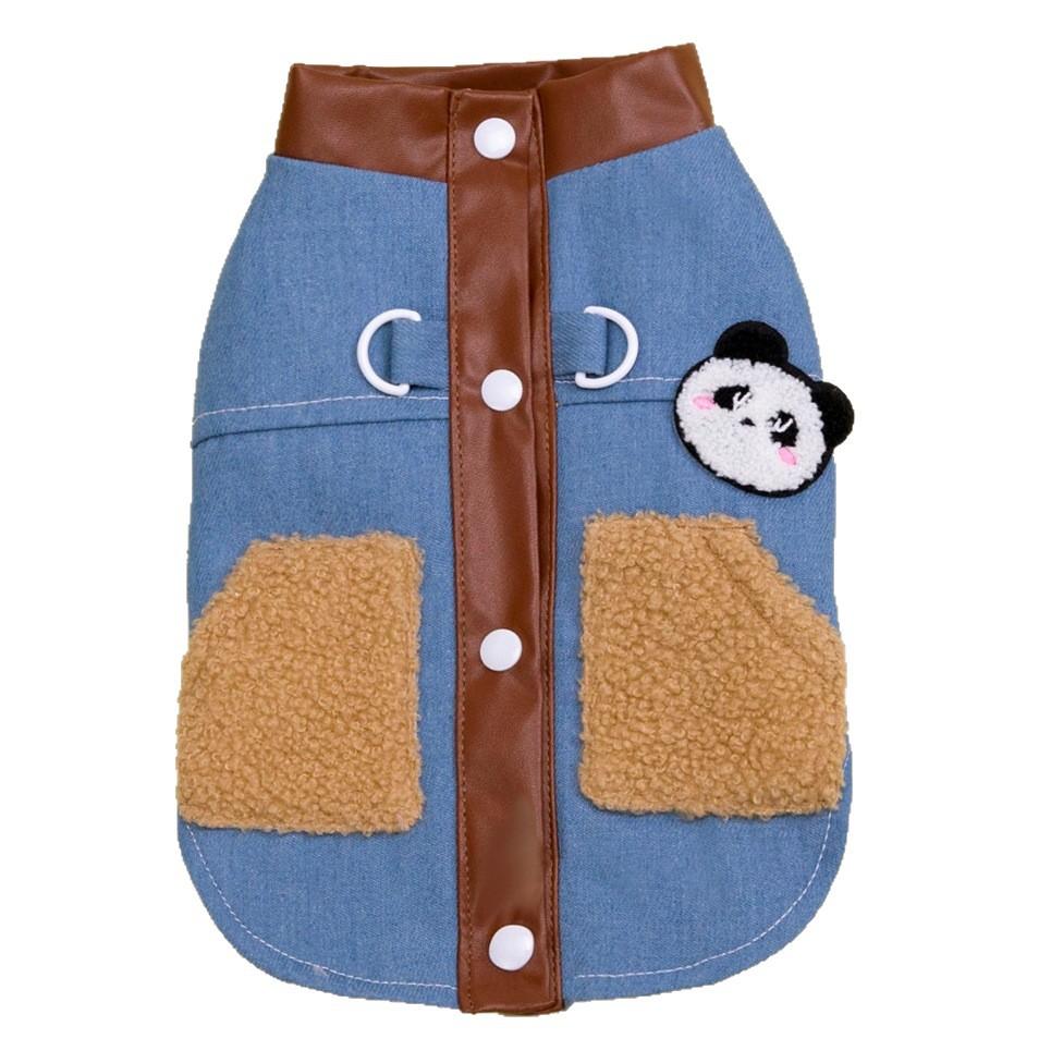 Dog cat clothes autumn and winter thick panda denim cotton-padded jacket velvet warm autumn winter clothing leash dog clothes