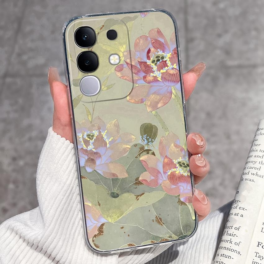 Shockproof Silicone Phone Cases For Vivo Y29 Y29s Y28 Y27 Y27t Y22 Y22s Y21 Y21e Y21s Y20 Y20i Beautiful Lavender Pattern Clear Covers For Vivo Casing