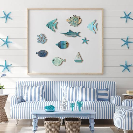 10Pcs/Set Fish Wall Decoration Coastal Style Wooden Fish Beach Theme Wall Art Fish Ornament