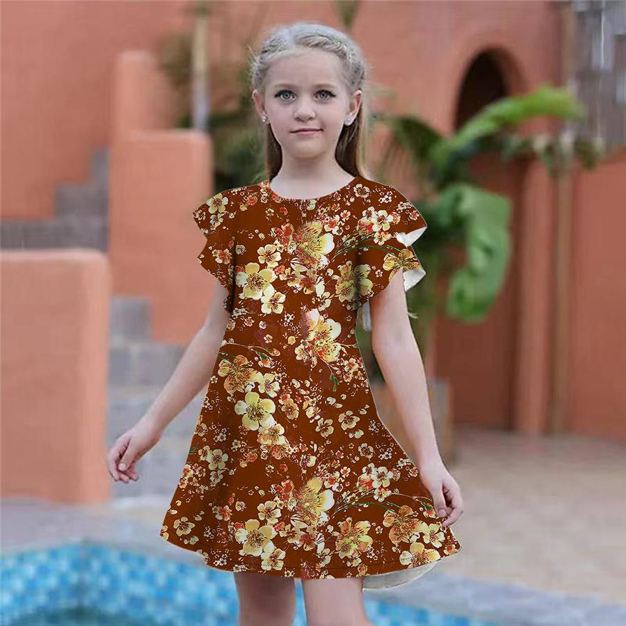 young girl's long brown dress flowers short ruffled sleeves Lumière Chocolate Mini Ivory Cream