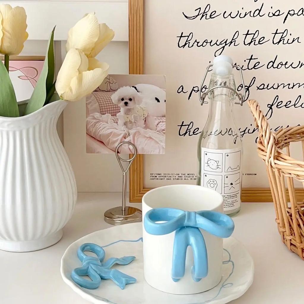 Nordic 3D Bow Cute Plate and Coffee Mug Hand-painted Ceramic Plate Ornament Sliving Bedroom Dining Table Snack Fruit Salad Plate