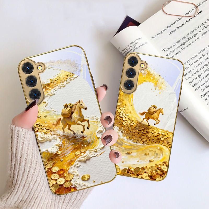 Golden Galloping Horse For Samsung Galaxy S20 FE S21 S22 S23 Plus S24 Ultra S25Ultra S21+ S9+ S22Plus Golden Glass Phone Case