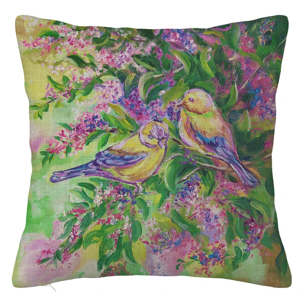 Branch Bird Flower Linen Pillowcase Sofa Cushion Cover Home Decoration Can Be Customized for You 40x40 50x50 60x60 45x45