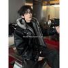 American Black Hooded Eagle Leather Jacket with Fur Collar - Men's Winter Cotton Coat