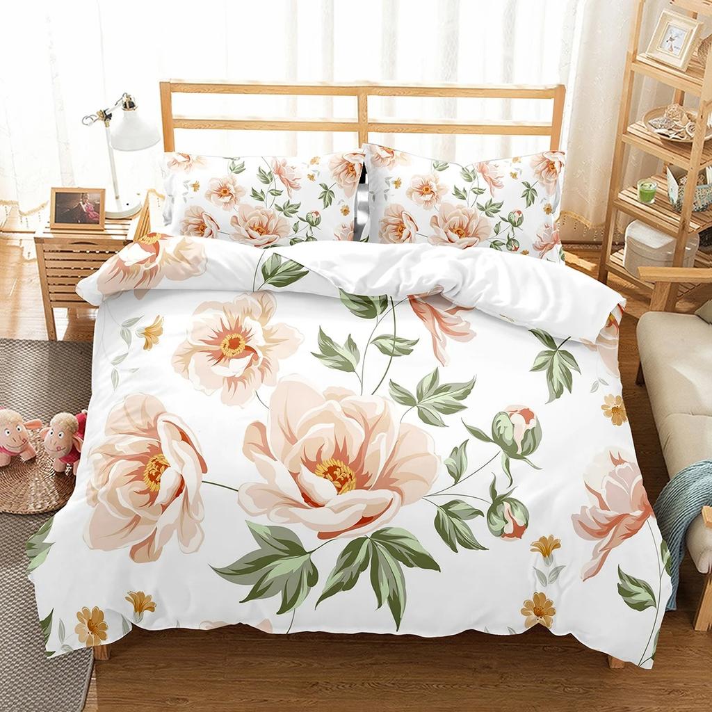 Hibiscus Floral Duvet Cover Twin King Size Tropical Palm Leaves Bedding Set,Botanical Flower Comforter Cover for Girl Teen Room