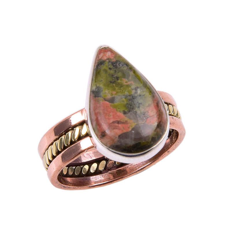 Natural Unakite Gemstone 925 Solid Sterling Silver Two Tone Ring Size 8.5 i9L23