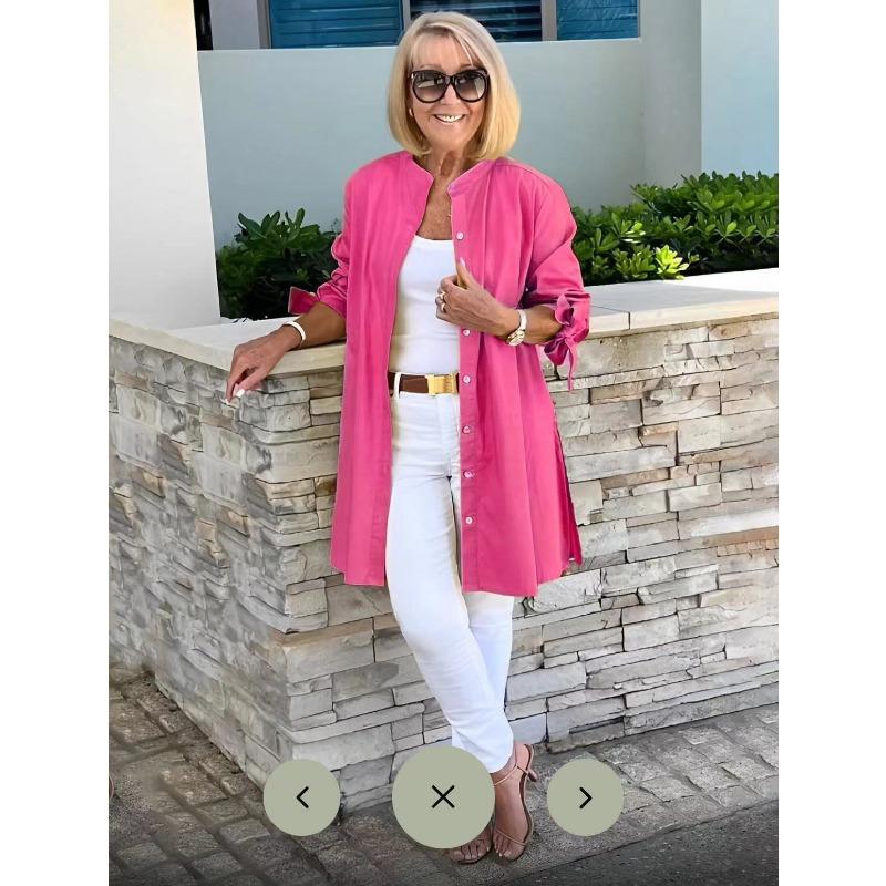 VEZFAA Kadın Modası Rahat İlkbahar Sonbahar Düz Renk Baskılı Uzun Kollu O-Yaka Bluzlar ve Gömlekler