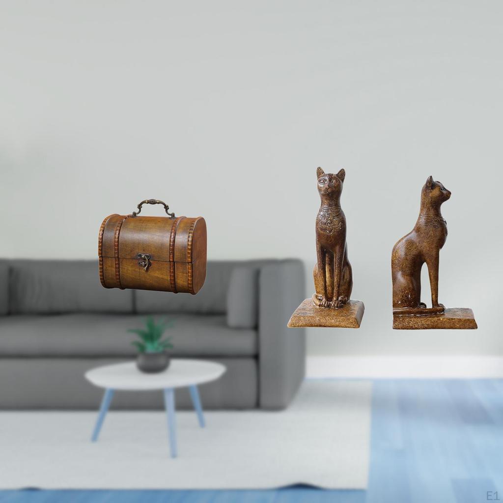 Vintage Wooden Jewelry Box Organizer Treasure Chest with Egyptian Cat Statues Decorative Figurines