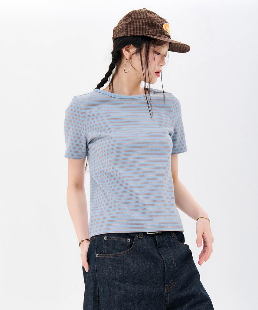 CHASECULT Women'S Striped Ribbed Short Sleeve T-Shirt-Fbrg5863D0D