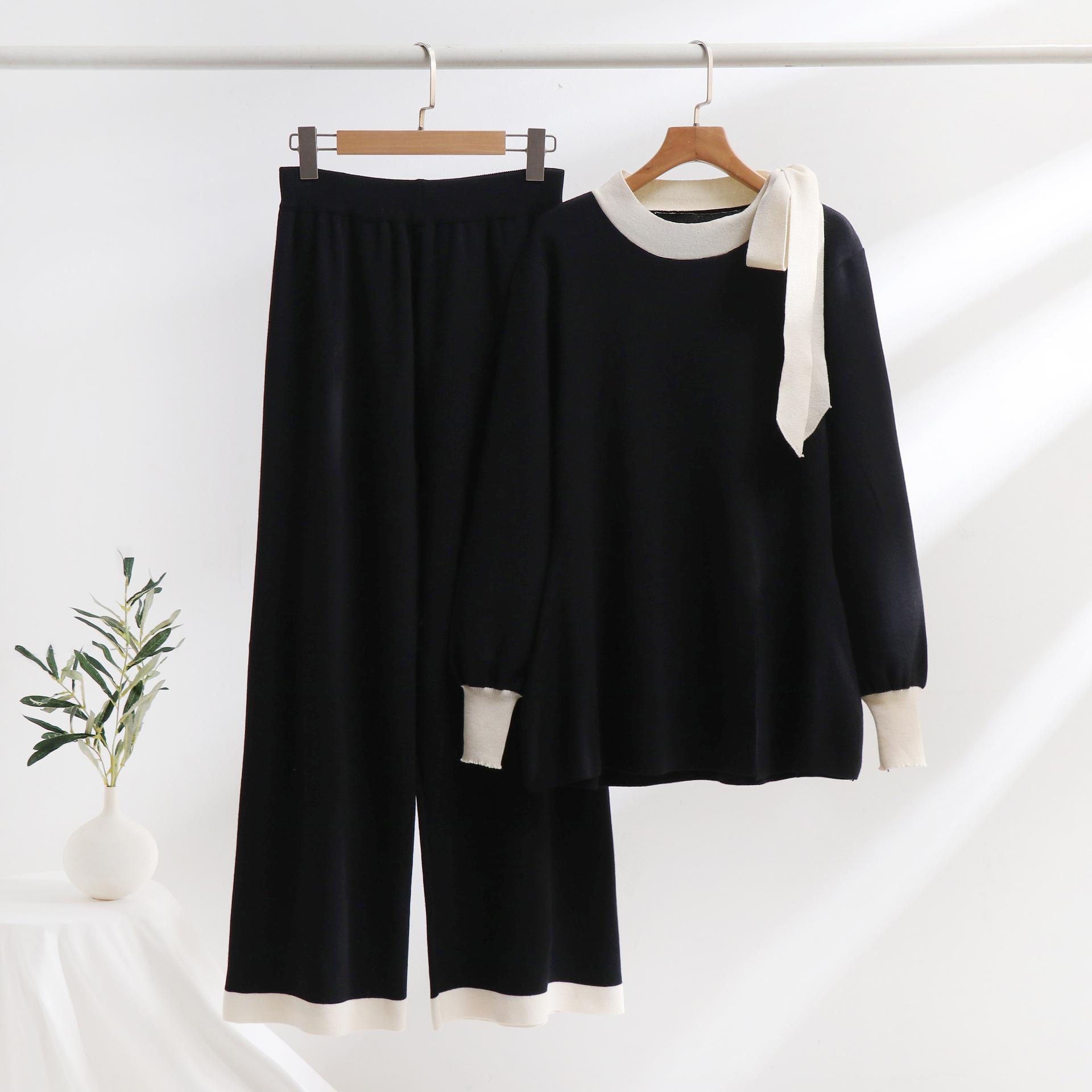 

Женский комплект из 2-х предметов со свитером, трикотажные свитера, топы, широкие брюки, спортивный костюм, комплекты для отдыха, осенне-зимняя одежда, спортивный костюм для женщин One size чёрный