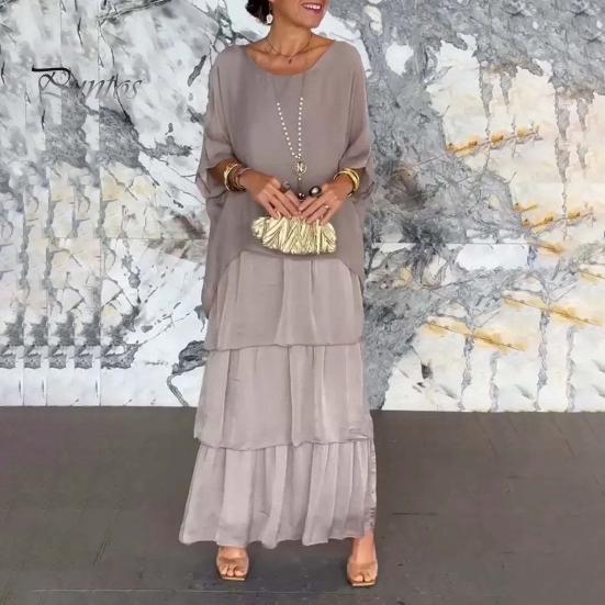 Evenig Dress Layered Scattered Cake Hem Half Sleeves Maxi Dress Bat Sleeves Baggy Round Neck Chiffon Dress for Party Prom