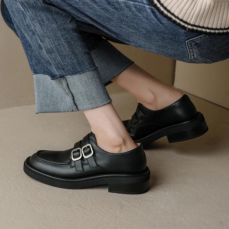 Fashion 2025 New Spring Split Leather Women Shoes Casual Slip-On Loafers Round Toe Chunky Heel Shoes Woman Zapatos De Mujer Buckle