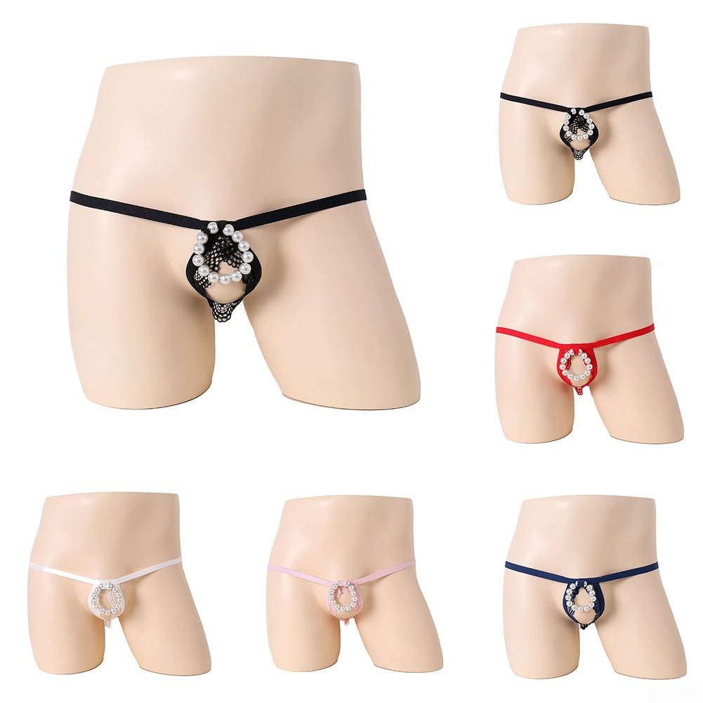 Męskie seksowne przezroczyste koronkowe stringi z odkrytymi plecami i bez krocza