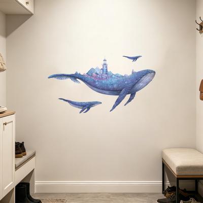 Blue Whale Wall Stickers, Waterproof PVC Wall Decals with Lighthouse And Stars, Peel And Stick Removable Marine Life Decals for Living Room Bedroom