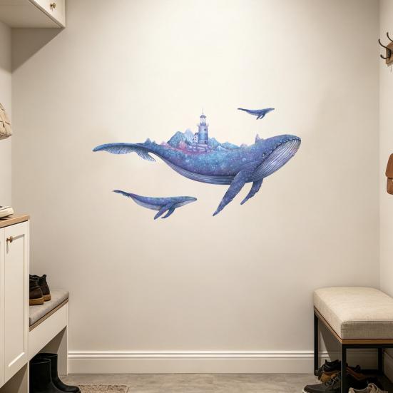 Blue Whale Wall Stickers, Waterproof PVC Wall Decals with Lighthouse And Stars, Peel And Stick Removable Marine Life Decals for Living Room Bedroom