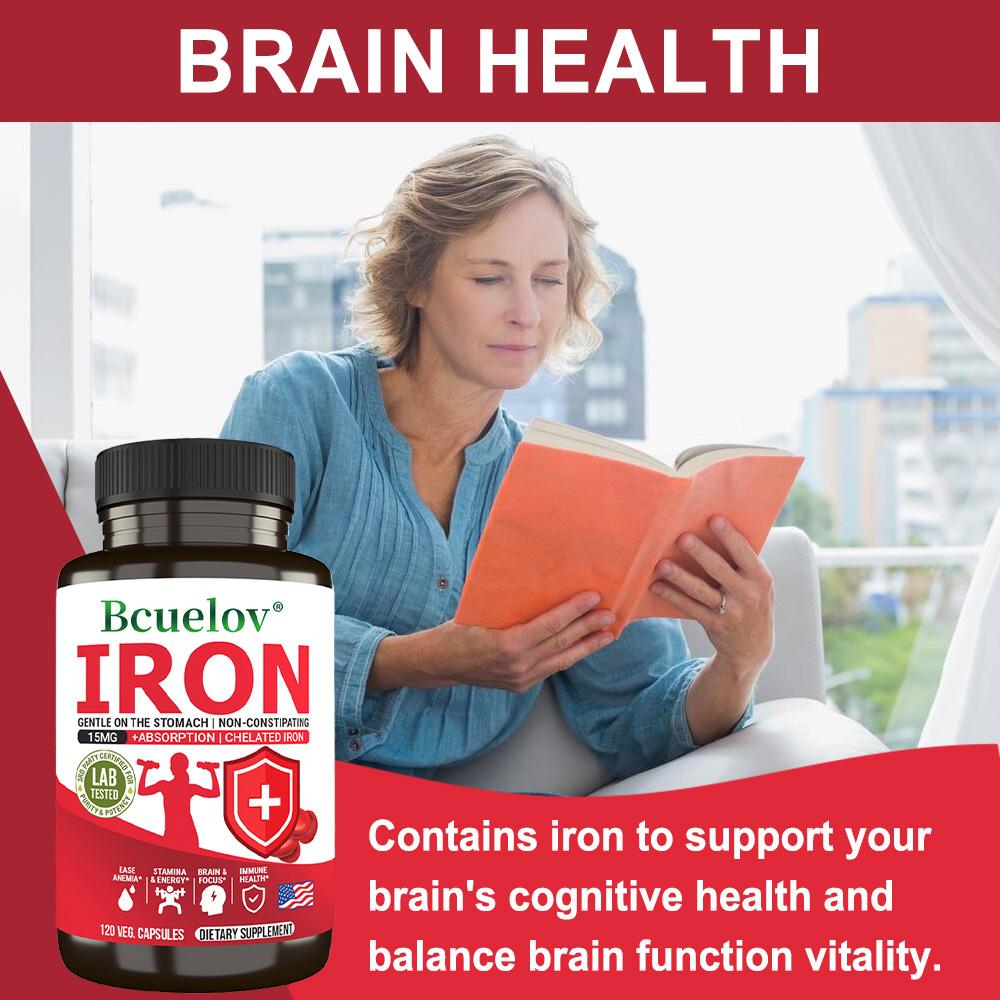 Chelated Iron 15mg Capsules Non Constipating Gentle Supplement Vegan 120 Count