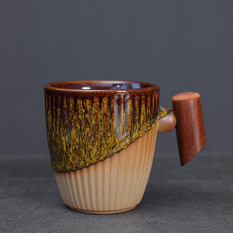 Coarse pottery coffee cup medieval cup wooden handle mug niche kiln change Japanese retro ceramic water cup afternoon tea cup