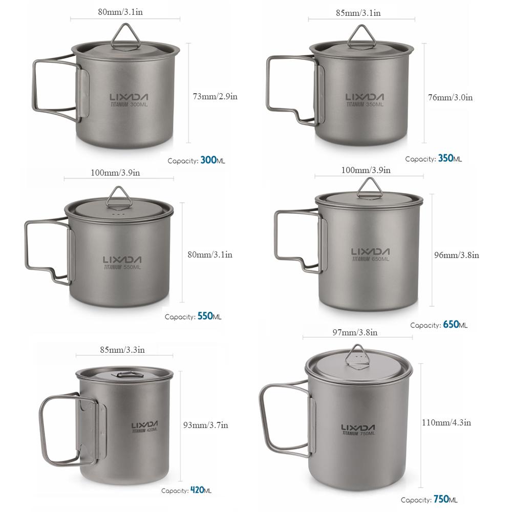 Ultralehký titanový hrnek Outdoor Přenosný Kempingový Piknikový Hrnky na vodu se sklopnou rukojetí 300ml / 350ml / 450ml / 550ml / 650ml