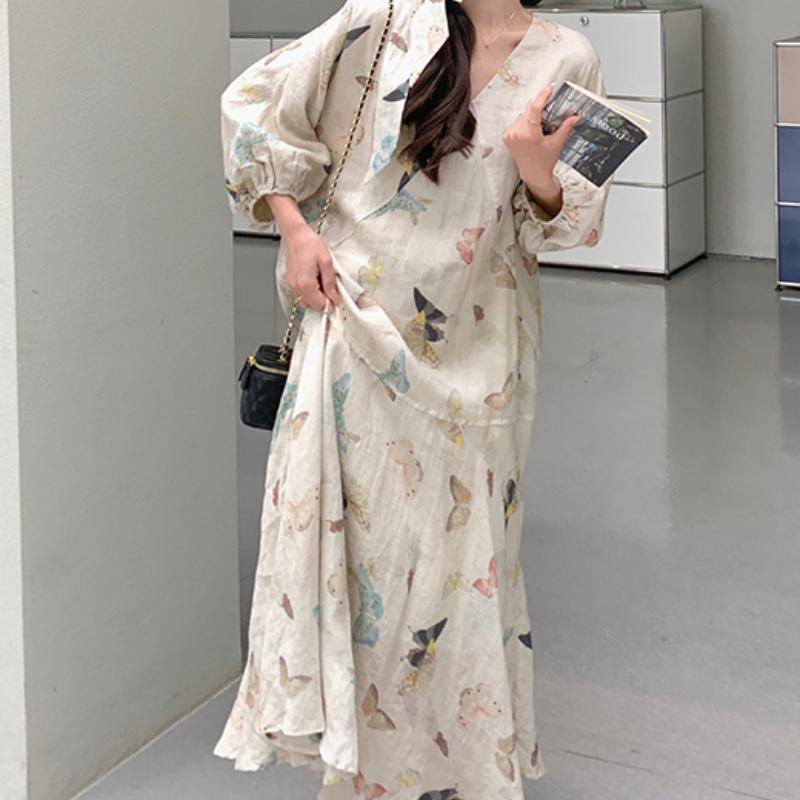 

Французское платье с V-образным вырезом с принтом, женское весенне-летнее лоскутное нишевое темпераментное модное элегантное платье длиной до колена, длинная юбка 2XL